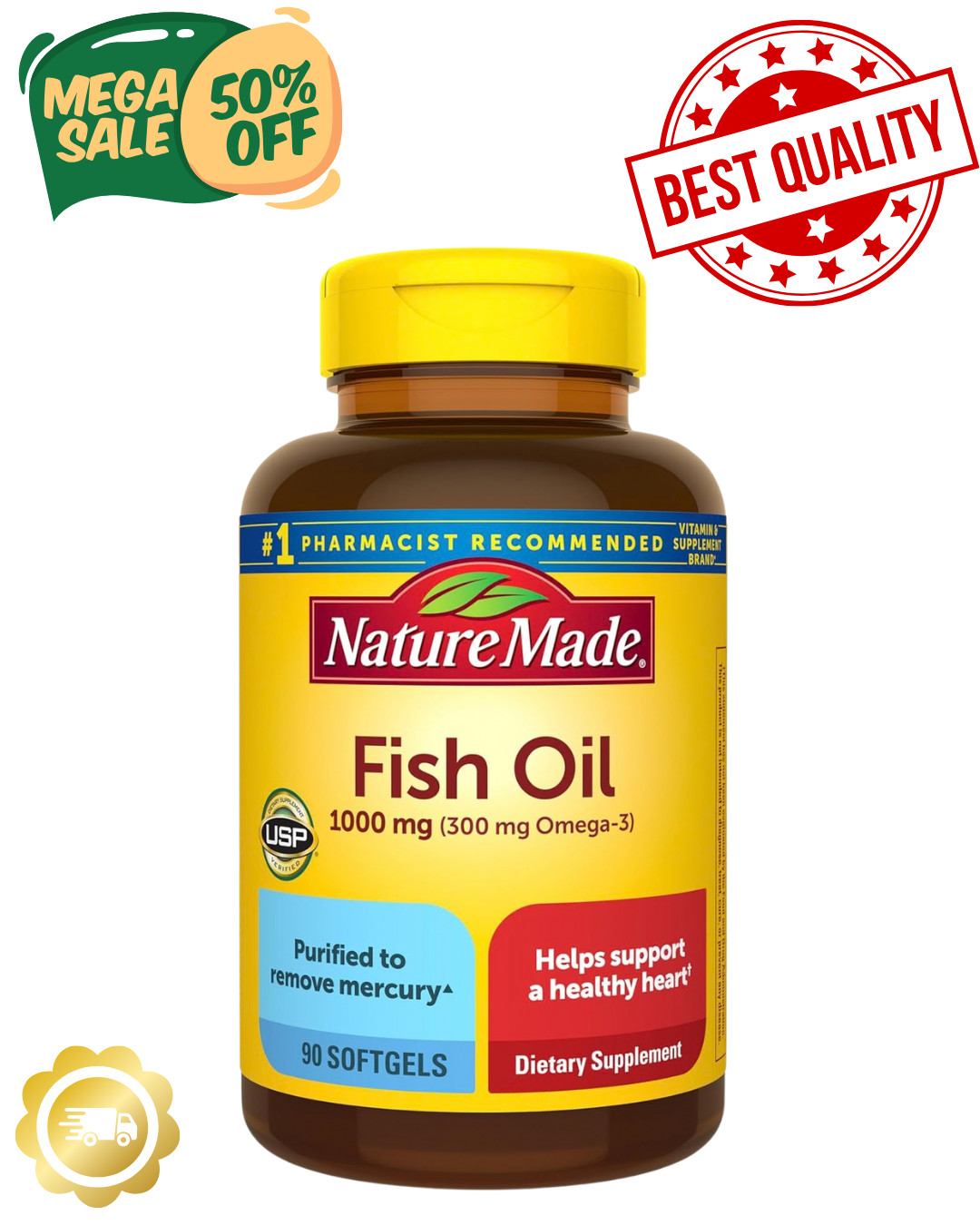 Nature Made Fish Oil 1000 mg Omega-3 Heart Health Support – 90 Softgels 45 Day S