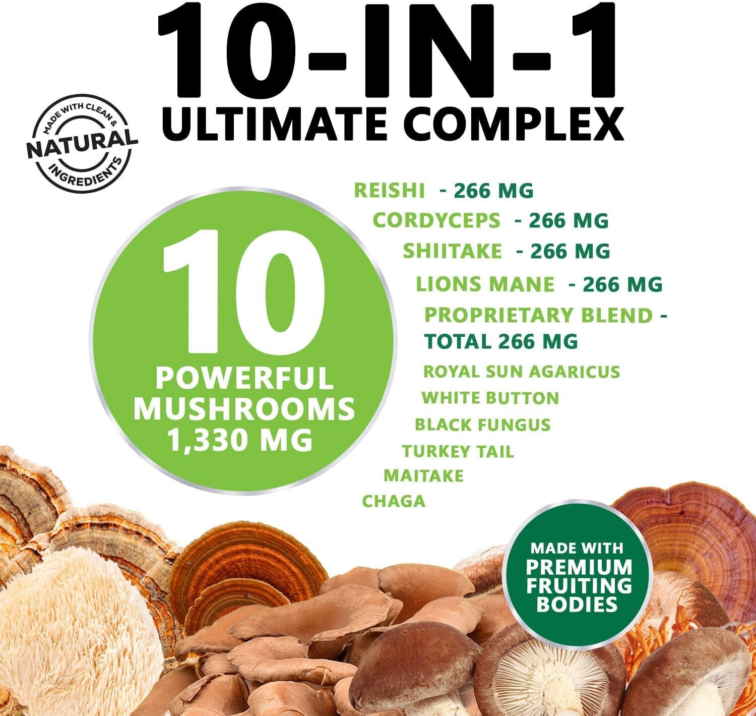 Mushroom Complex Supplement Capsules – 10 Mushrooms Lions Mane, Reishi, Chaga