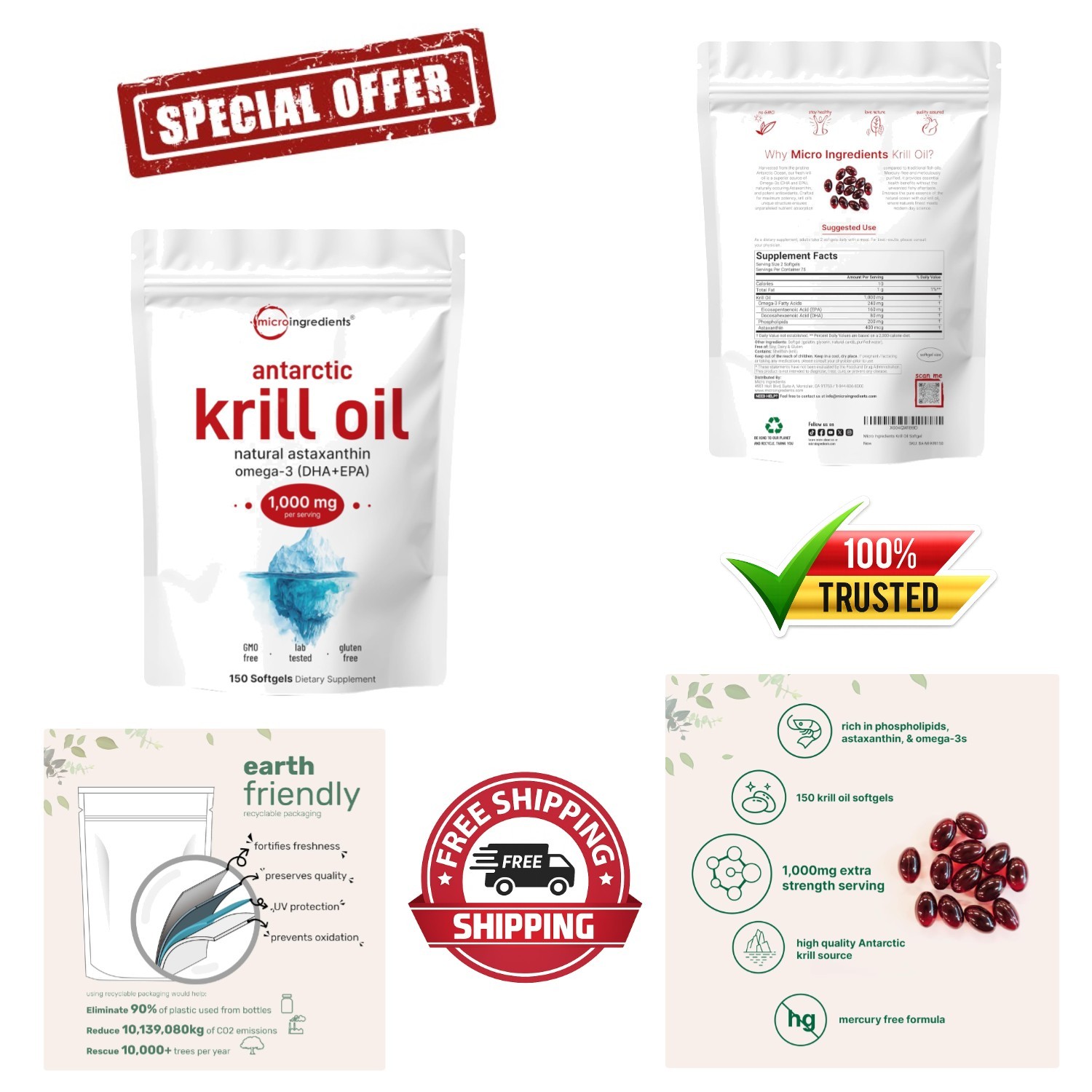 Natural Antarctic Krill Oil Softgels, 1,000 mg Omega-3, Mercury-Free, 150 Count