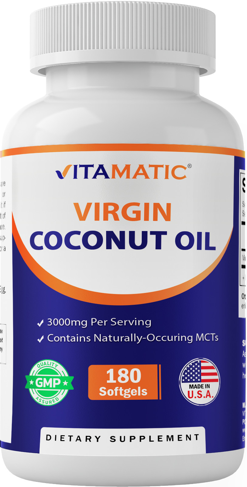 Vitamatic Virgin Coconut Oil Softgels, 3000 mg Per Serving, 60 Servings, 180 Cou