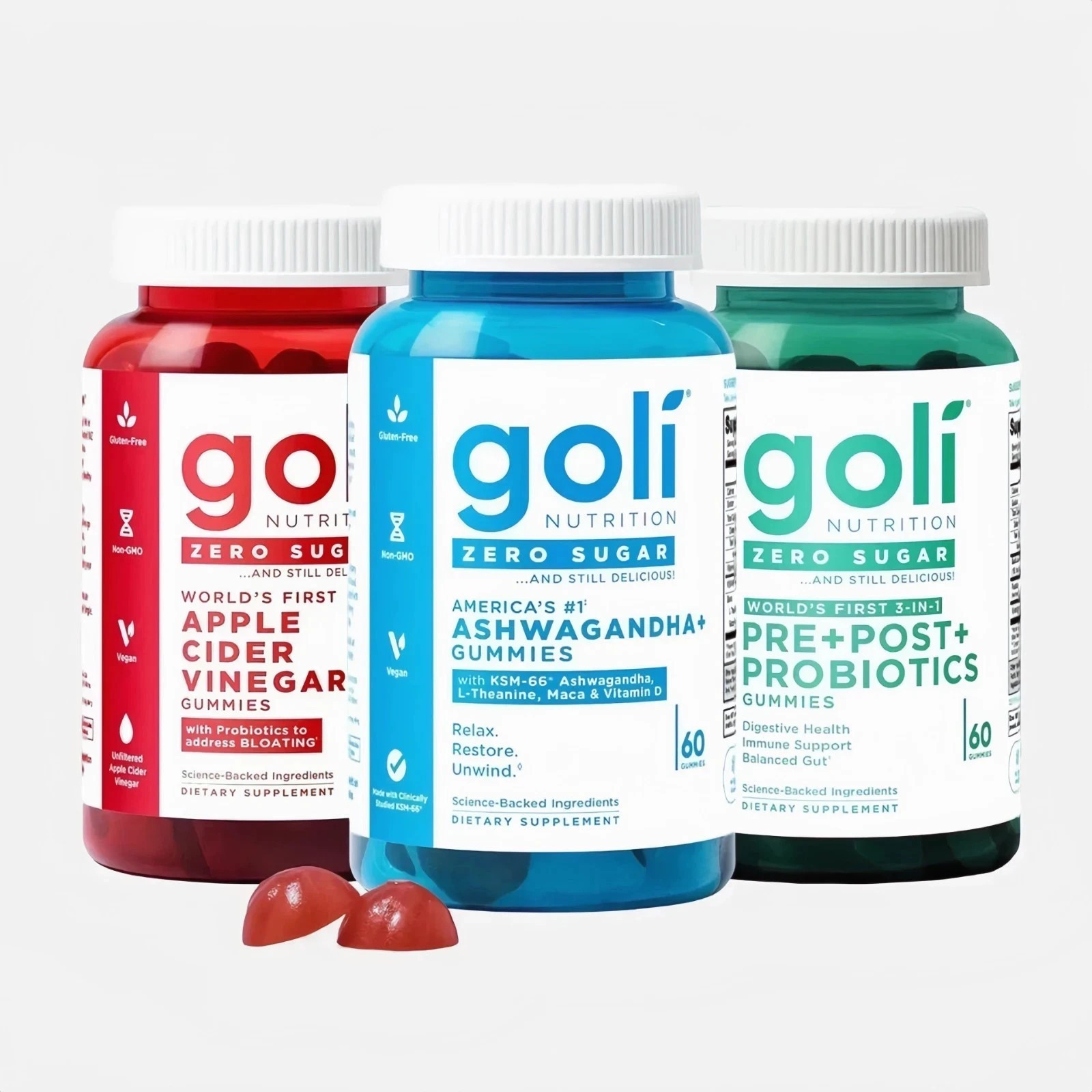 3 Bottles Goli Zero Sugar Best Seller Trio Set Gummies, 60 Counts Per Bottle USA