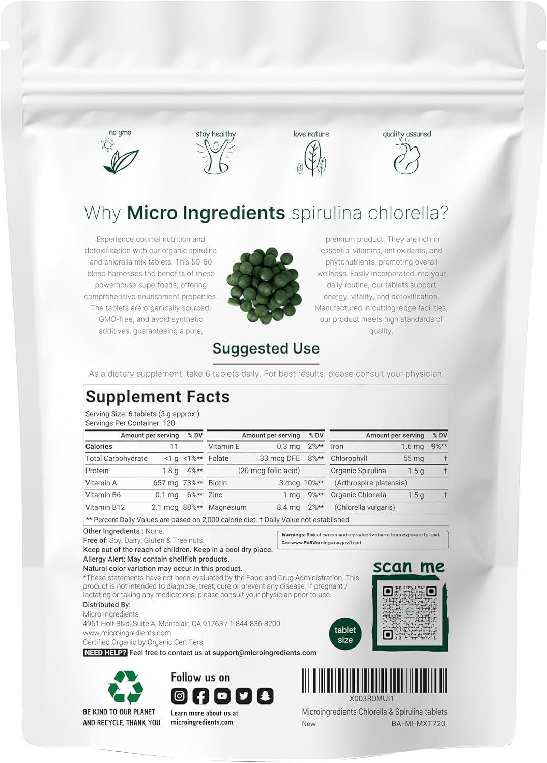 Organic Spirulina Chlorella Tablets, 3,000mg Per Serving, 720 Tablets 4 Supp…