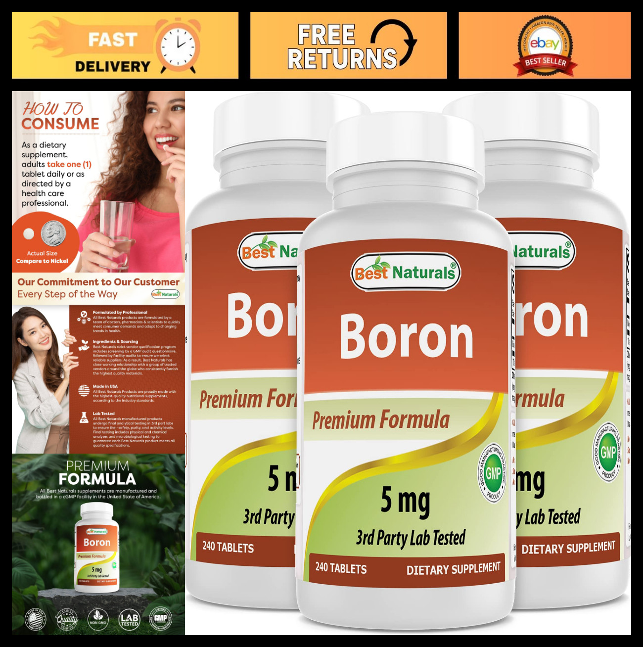 Boron Supplements 5mg – 240 Tablets (Pack of 3) – Supports Bone Health & Hormona