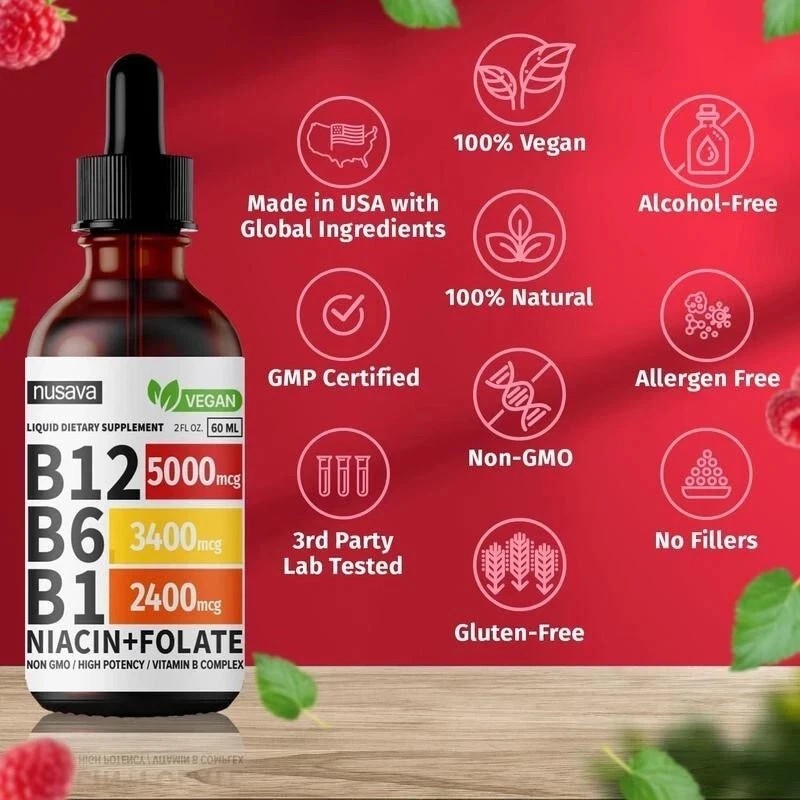 (2-Pack) Nusava B12 Drops 5000mcg – Vegan Liquid Supplement – Raspberry