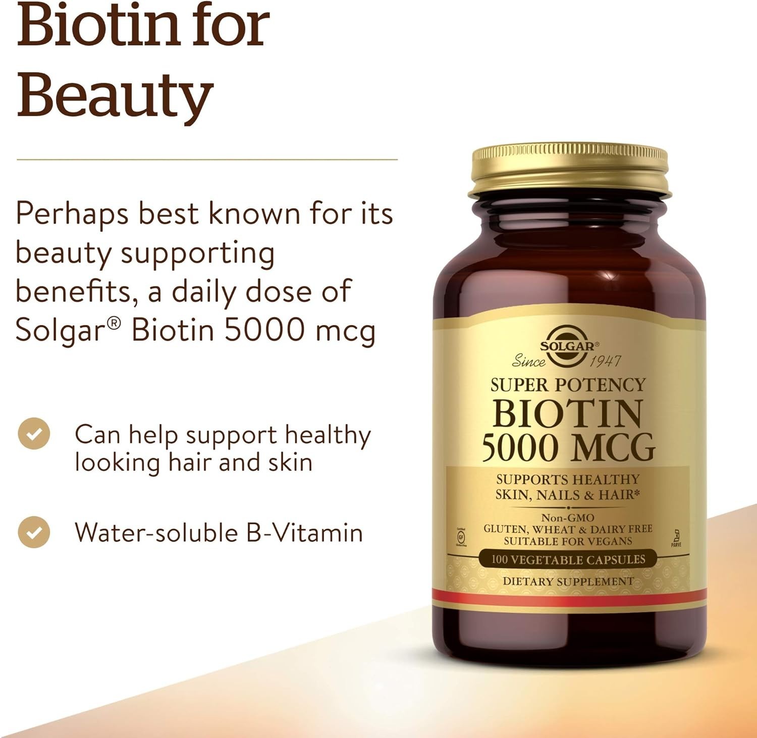 Solgar Biotin 5000 mcg – Unflavored, Standard Packaging, 100 Count