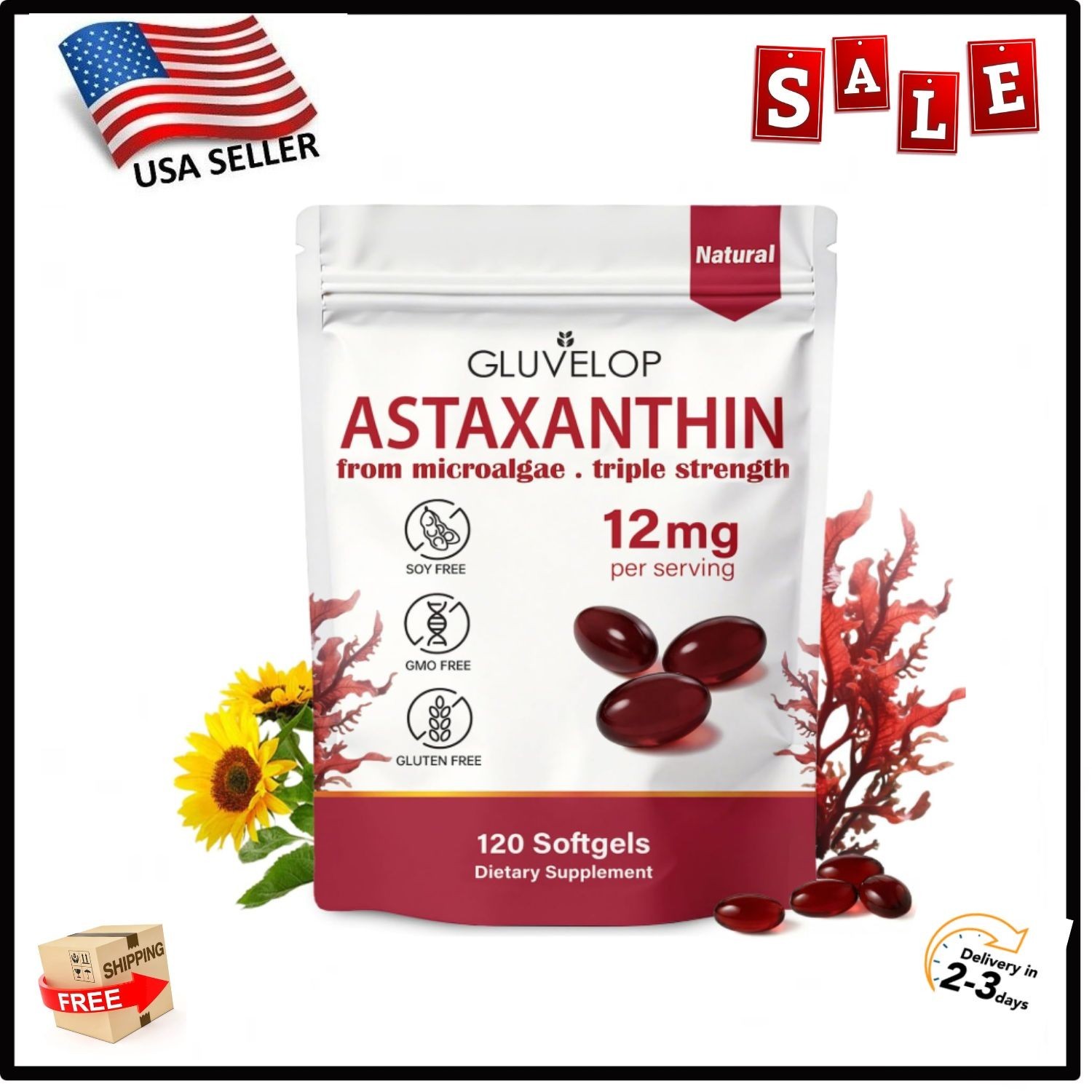 Astaxanthin 12mg 120 Softgels, 4 Month Supply,Triple Strength,Non-GMO,Eye Health