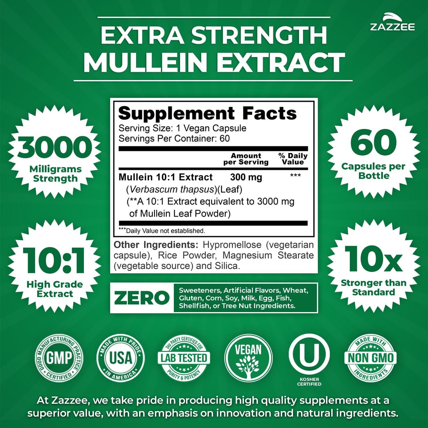 Zazzee Mullein 10:1 Extract, 3000 mg Strength, 60 Vegan Capsules, Kosher