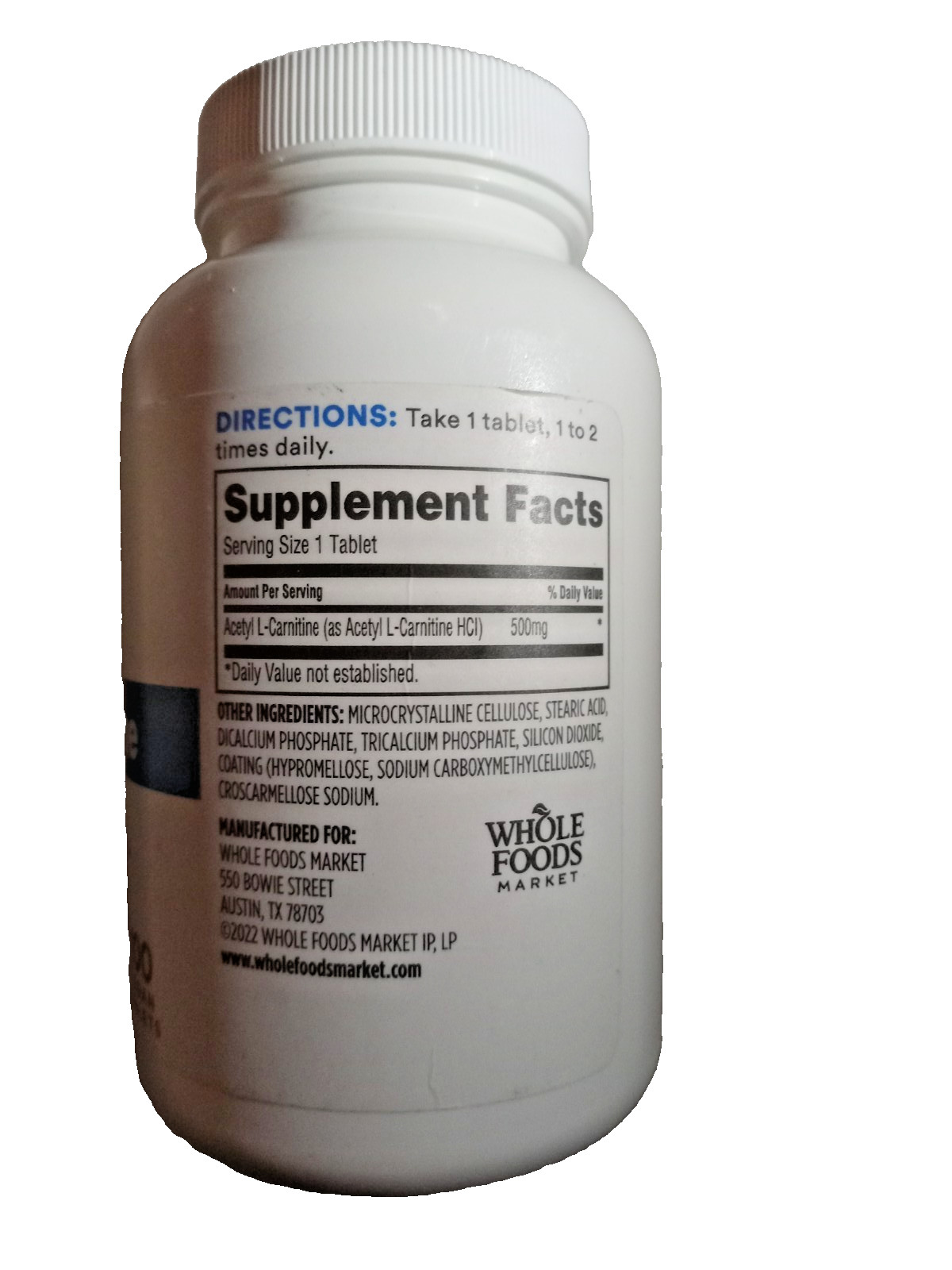 365 Whole Foods Market, Acetyl L-Carnitine 500mg, 100 ct EXP 09/2027