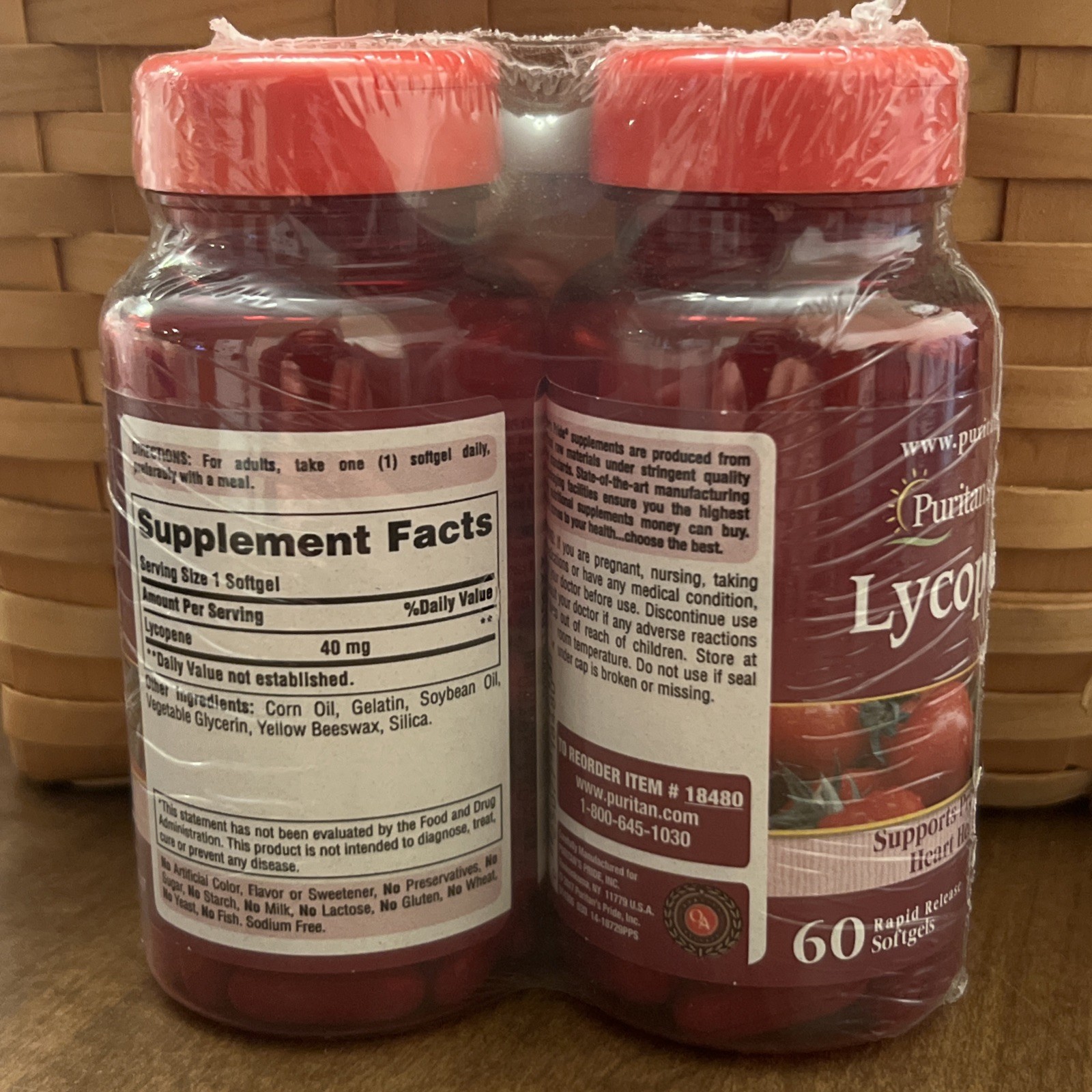 Lycopene 40mg 60 Softgels Prostate/Heart Health Puritan Gluten Free – 2 pack