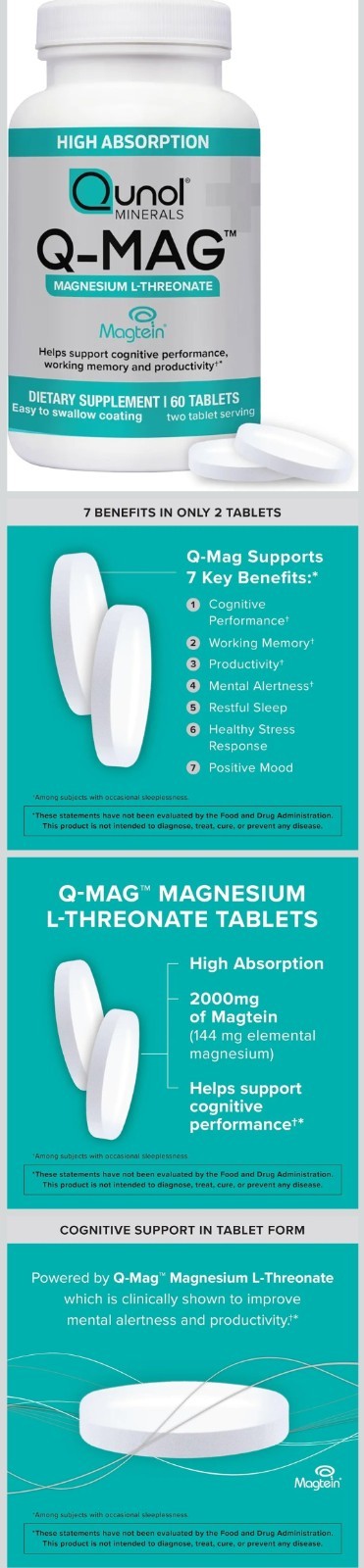 Qunol Q-Mag Magtein Magnesium L-Threonate Tablets 60 Gluten-Free Non-GMO