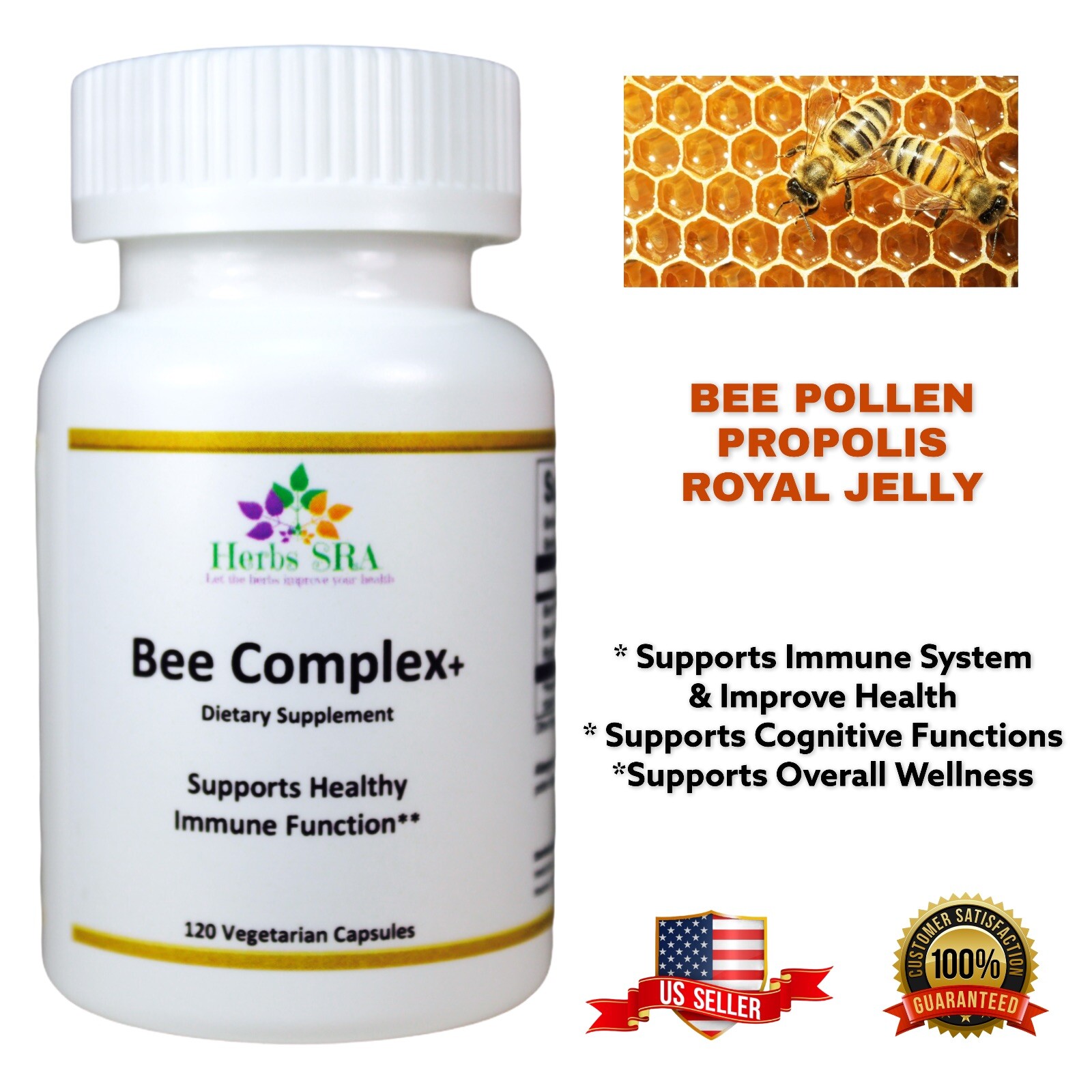 BEE POLLEN, BEE PROPOLIS, ROYAL JELLY, 120 capsules, Wellbeing Immune Booster.