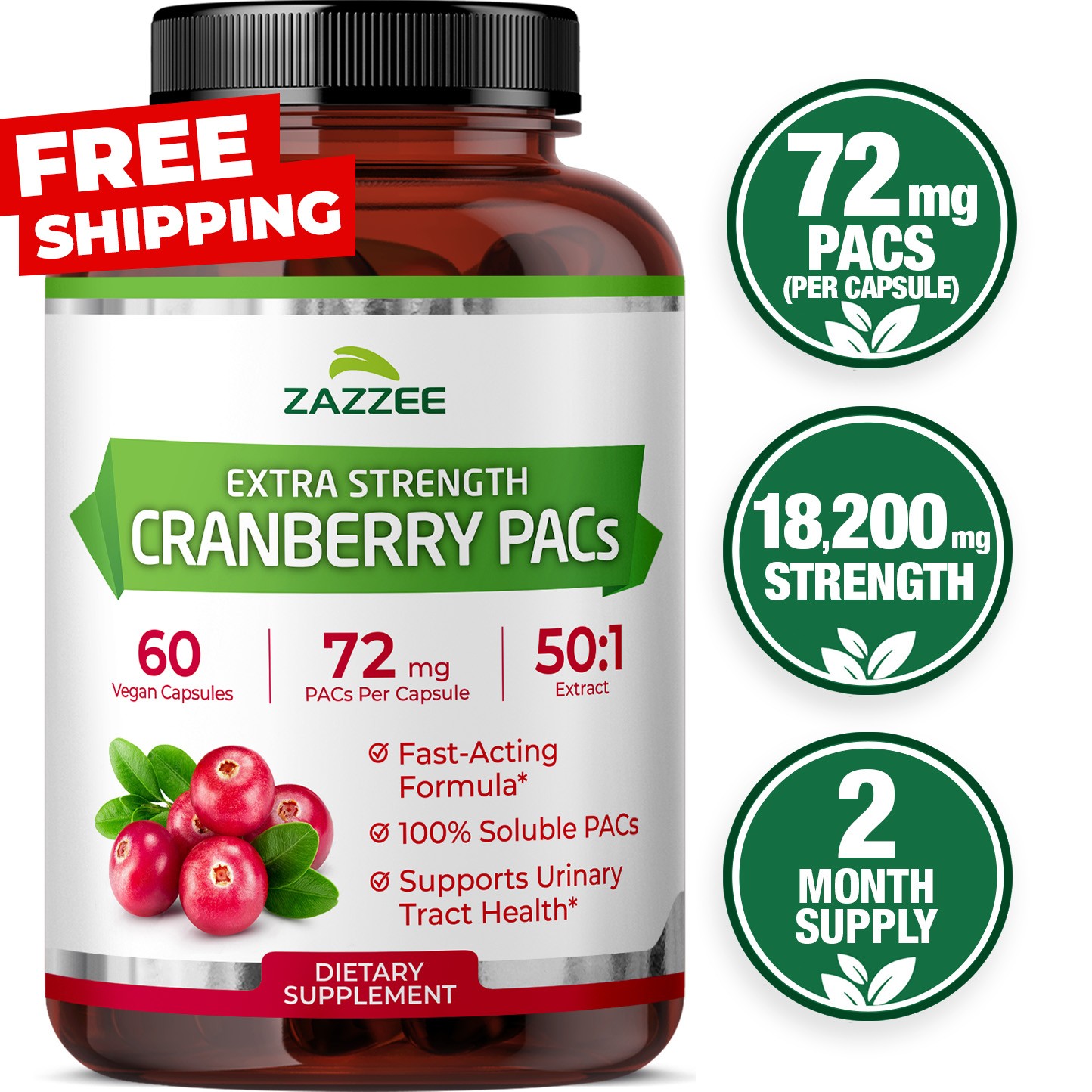 Cranberry PACs, 72 mg PACs per Capsule, 2X Strength, 100% Soluble, 60 Capsules