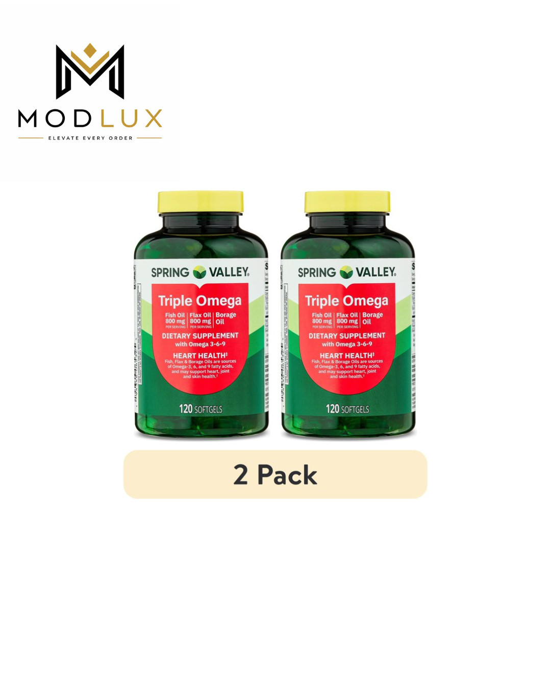 2 Pack Spring Valley Triple Omega Softgels Heart Joint Skin Health, 120 Count