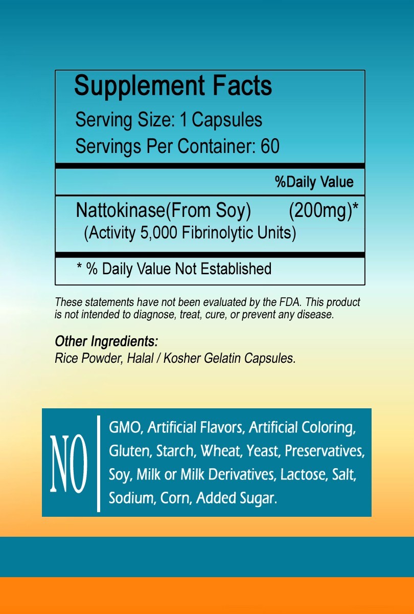 Nattokinase 200 mg 5,000 FU Fibrinolytic Units 60 Caps High Potency