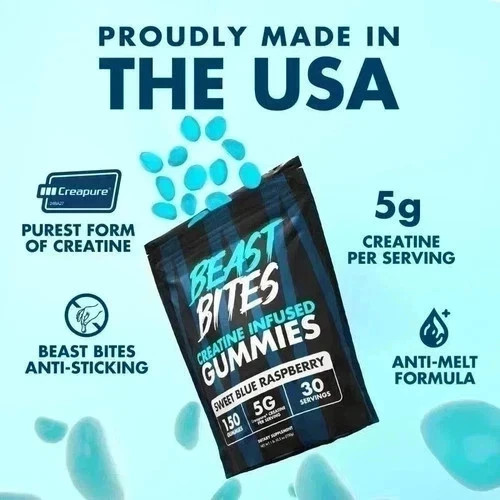 Beast Bites Creatine Infused Gummies, Blue Raspberry, 450 Servings New
