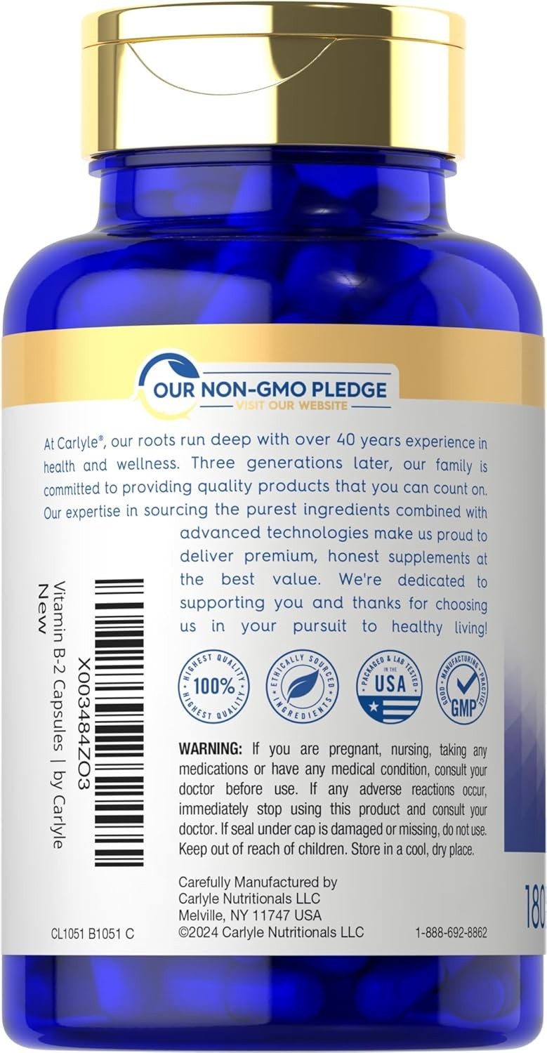 Carlyle Vitamin B-2 400mg 180 Count Non-GMO Gluten Free Supplement B2 Riboflavin