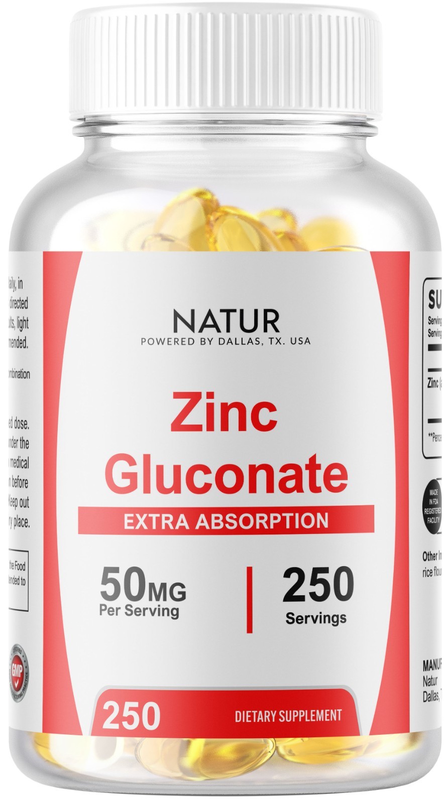 250 Zinc Gluconate Softgels (50mg) – Vegetarian Gluten Free Non-GMO USA MADE