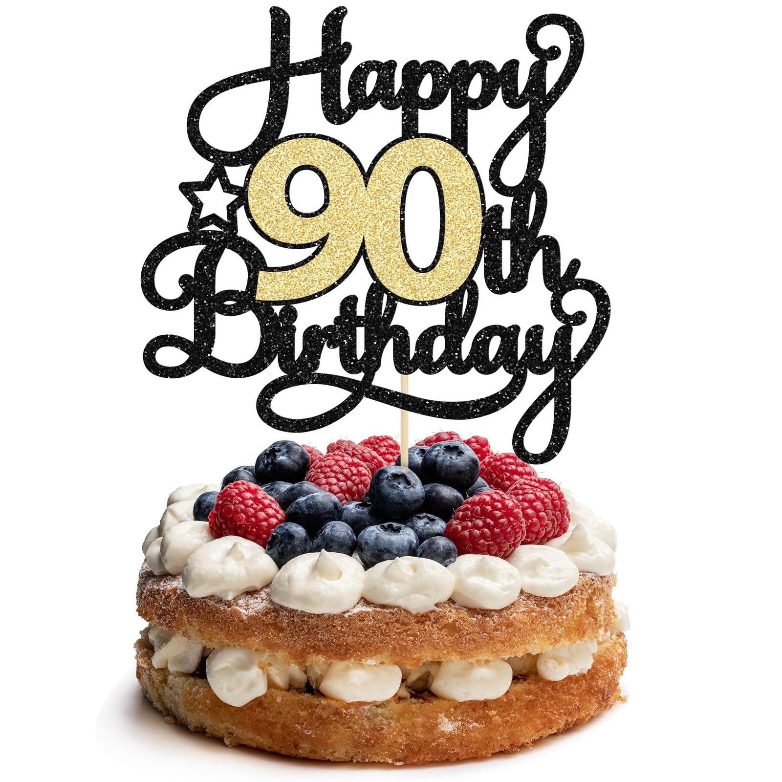 1Pc Happy 90th Birthday Cake Topper Black Gold Glitter Cheers to 90 Years Bir…