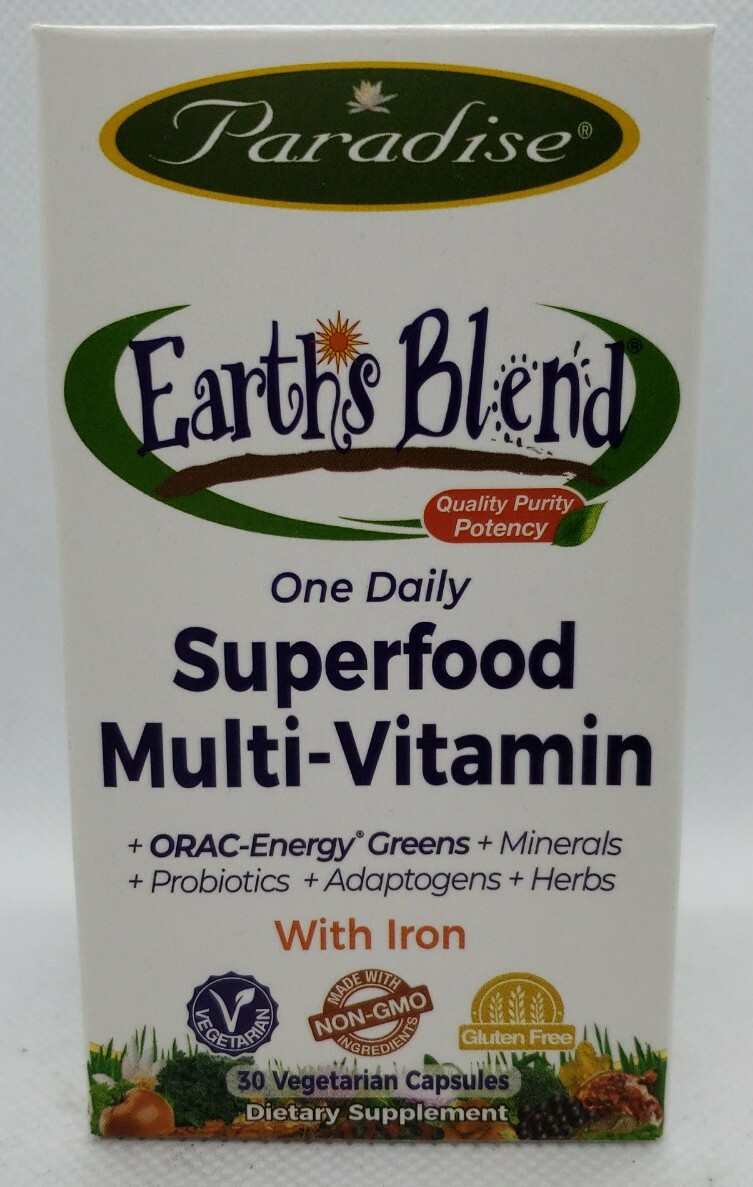 Paradise Herbs Earth’s Blend One Daily Superfood Multivitamin [w/ Iron], 30 caps