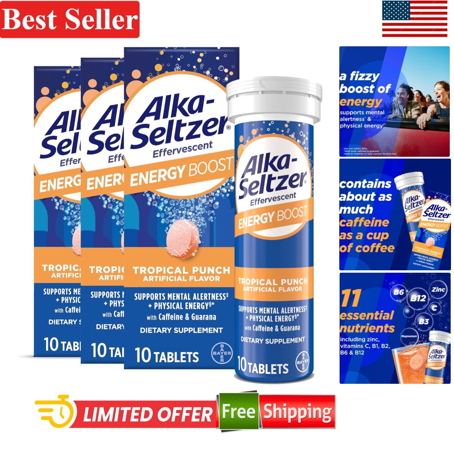 Fizzy Energy Boost with Caffeine & Guarana – Sugar-Free Tropical Punch, 30ct
