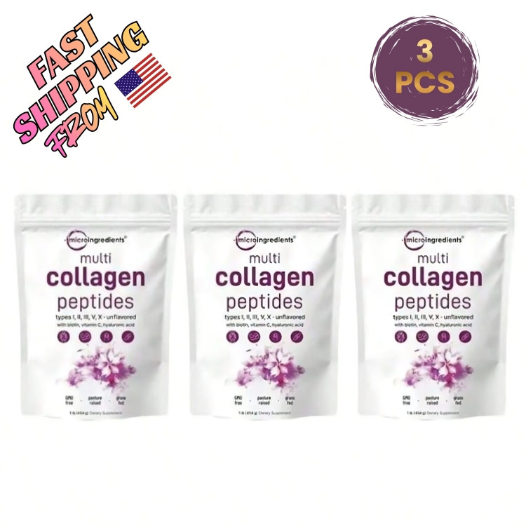 3) (pack Micro Ingredients Multi Collagen Peptides Powder 16oz – Type I II III V