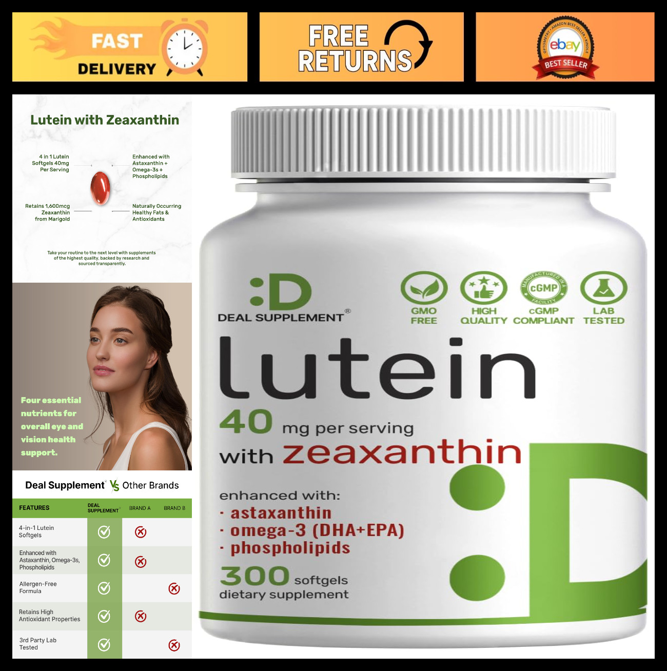 Lutein Zeaxanthin Supplements 40mg, 300 Softgels with Astaxanthin Omega-3s Non-G
