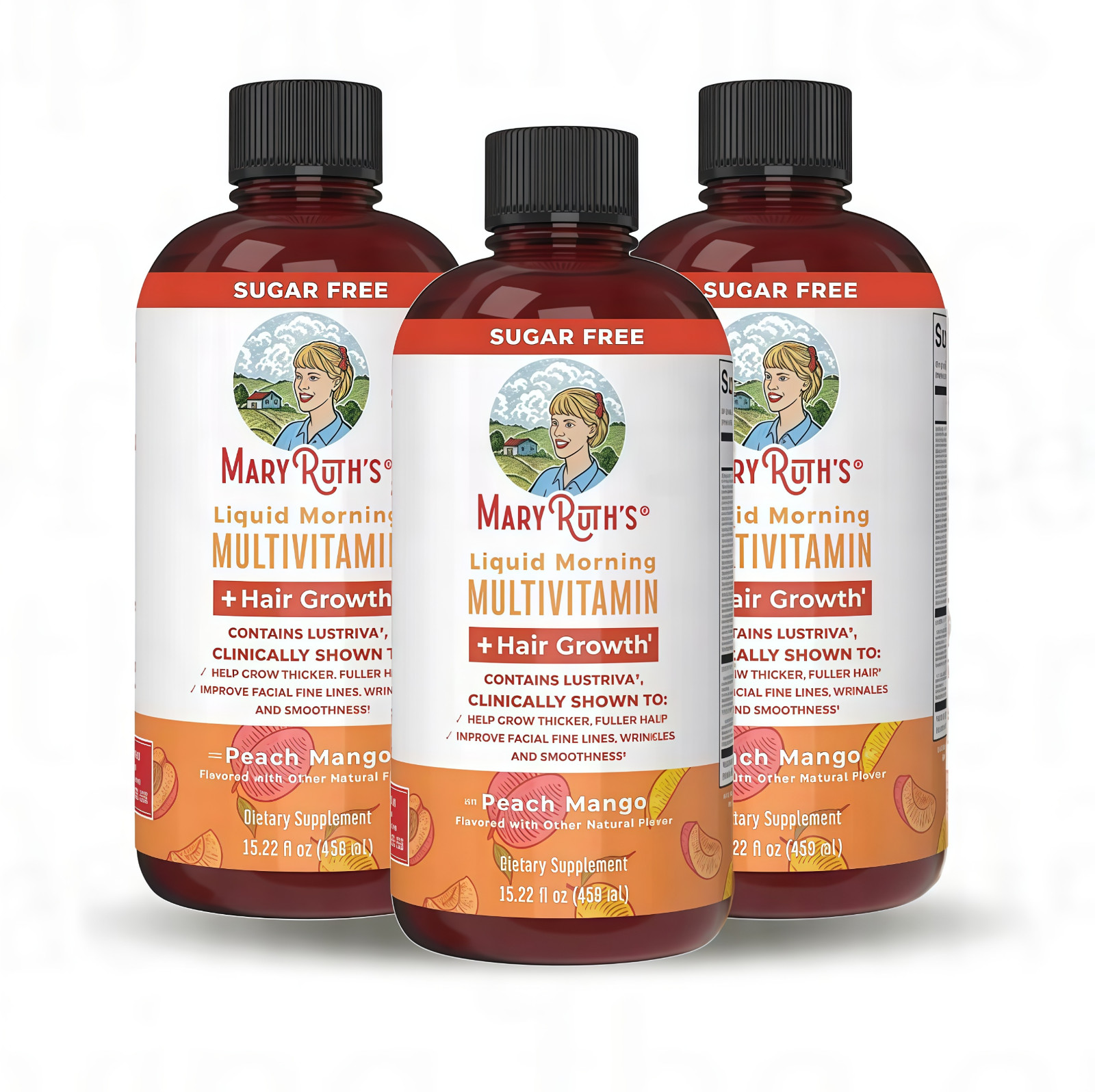 Mary Ruth’s Multivitamin + Hair Growth | 3 Pack | Peach Mango 15.22 oz brand..-+