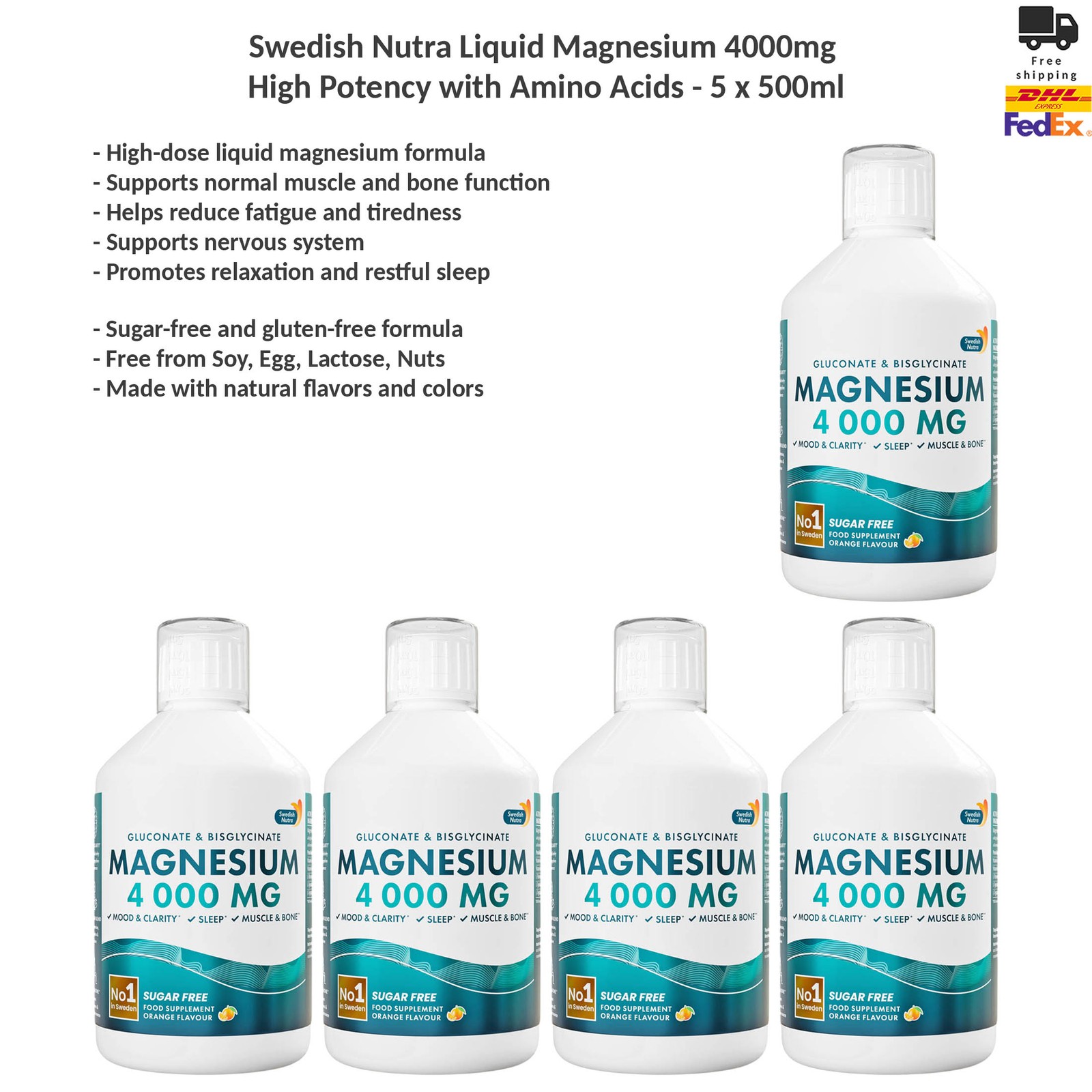 Swedish Nutra Liquid Magnesium 4000 High Potency w Amino Acids 5x500ml