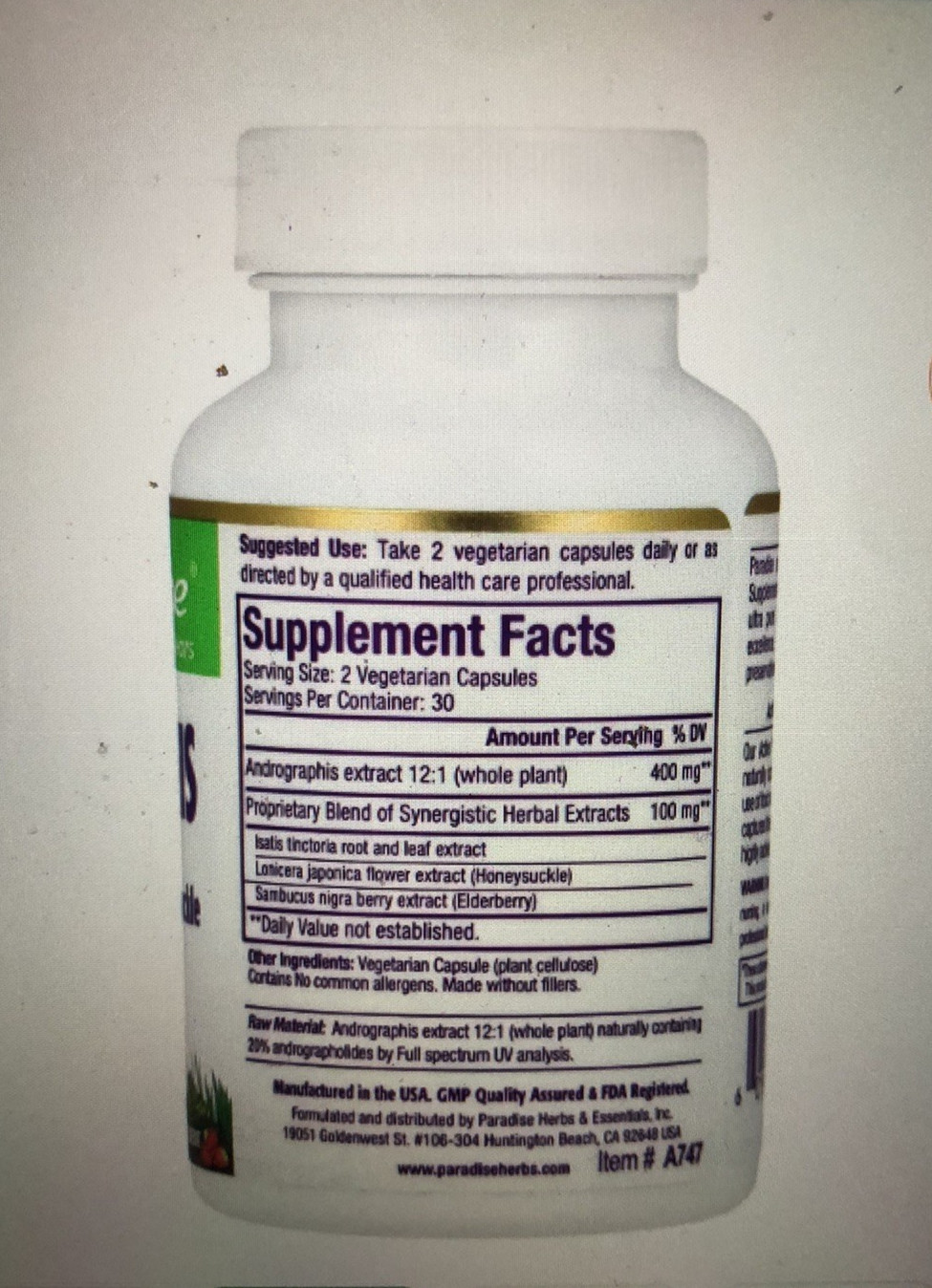 Andrographis Extract Premium Wellness Complex Buy 1 = Get 1 Free PARADISE HERBS