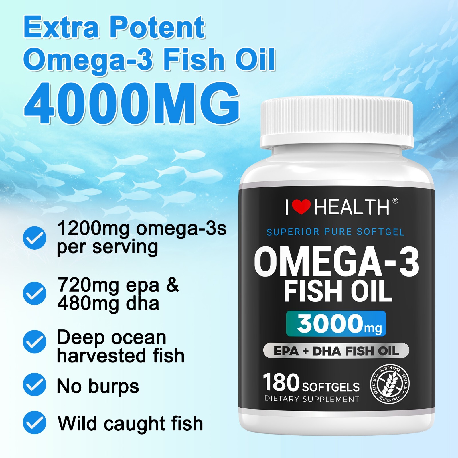 Fish Oil Softgels, 3000mg Omega-3 Fish Oil Supplement – EPA & DHA Supplement