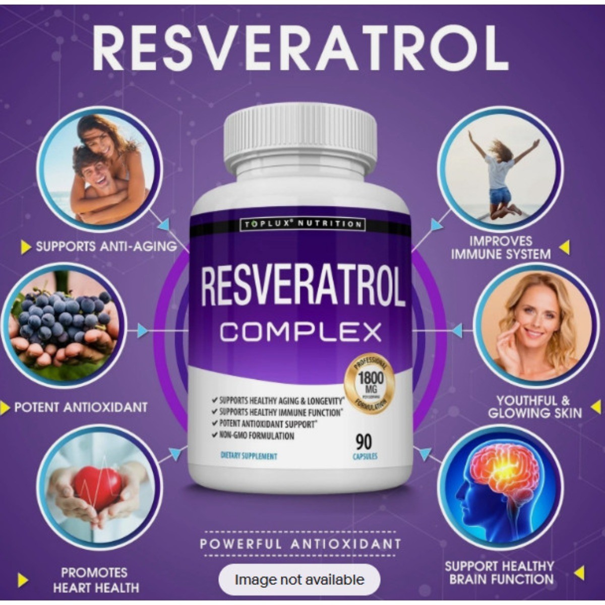 2 BOTTLES- Toplux Resveratrol Complex,1800mg Natural Antioxidant,Cellular Health