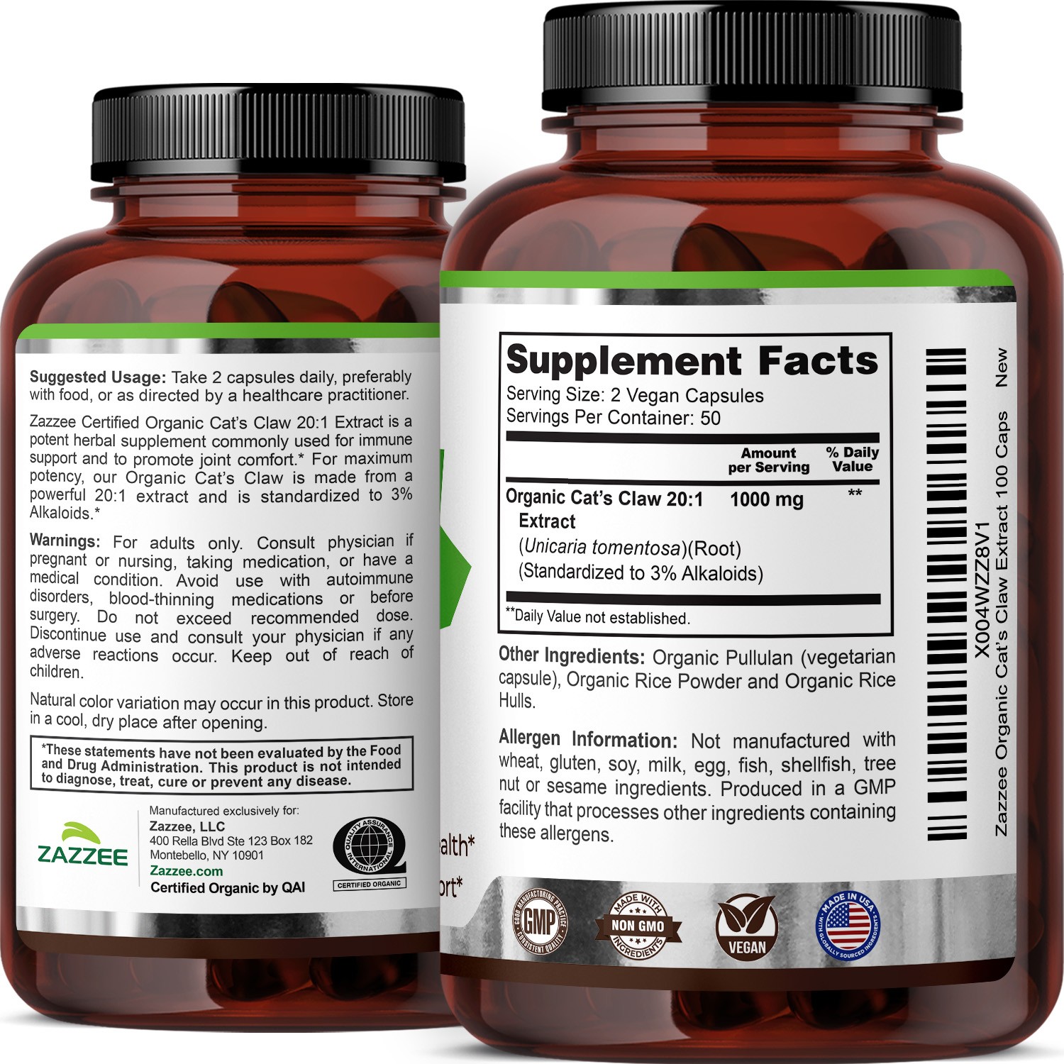 USDA Organic Cat’s Claw 20:1 Extract, 1000 mg, Standardized to 3% Alkaloids