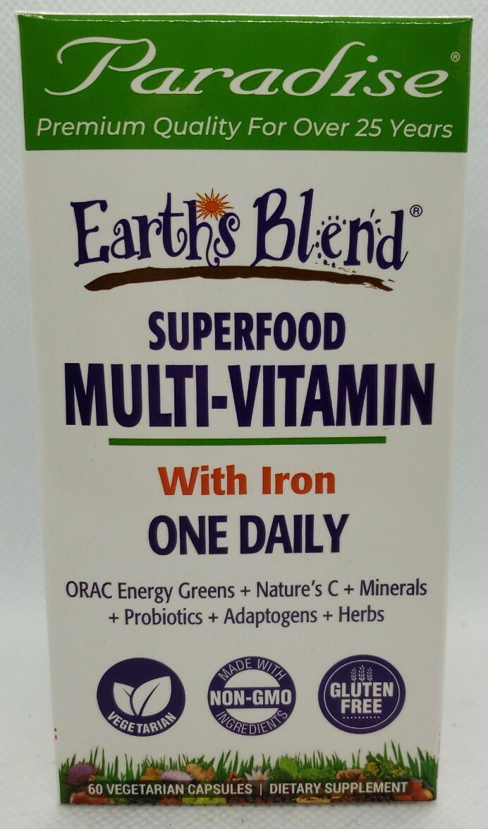 Paradise Herbs Earth’s Blend One Daily Superfood Multivitamin [w/ Iron], 60 caps
