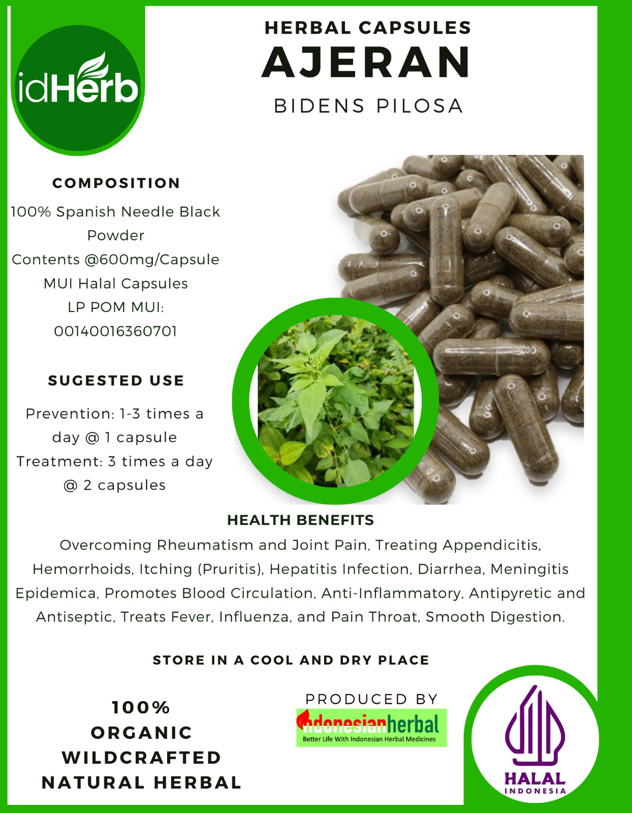 [idHerb] 100-800 Capsules Ajeran Cobblers Pegs Bidens Pilosa Organic Wildcrafted