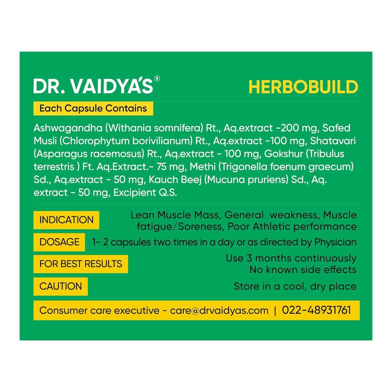 Dr. Vaidya’s Herbobuild 30 Capsules with safed musli for General Wellness