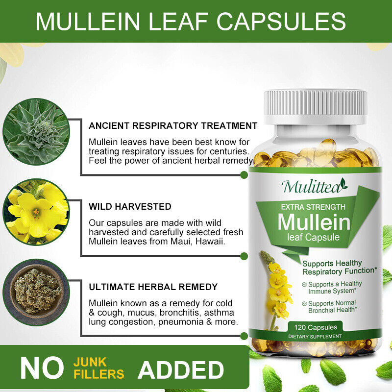 120 Mullein Leaf Capsules for Lung Cleansing&Detox Herbal Dietary Supplement