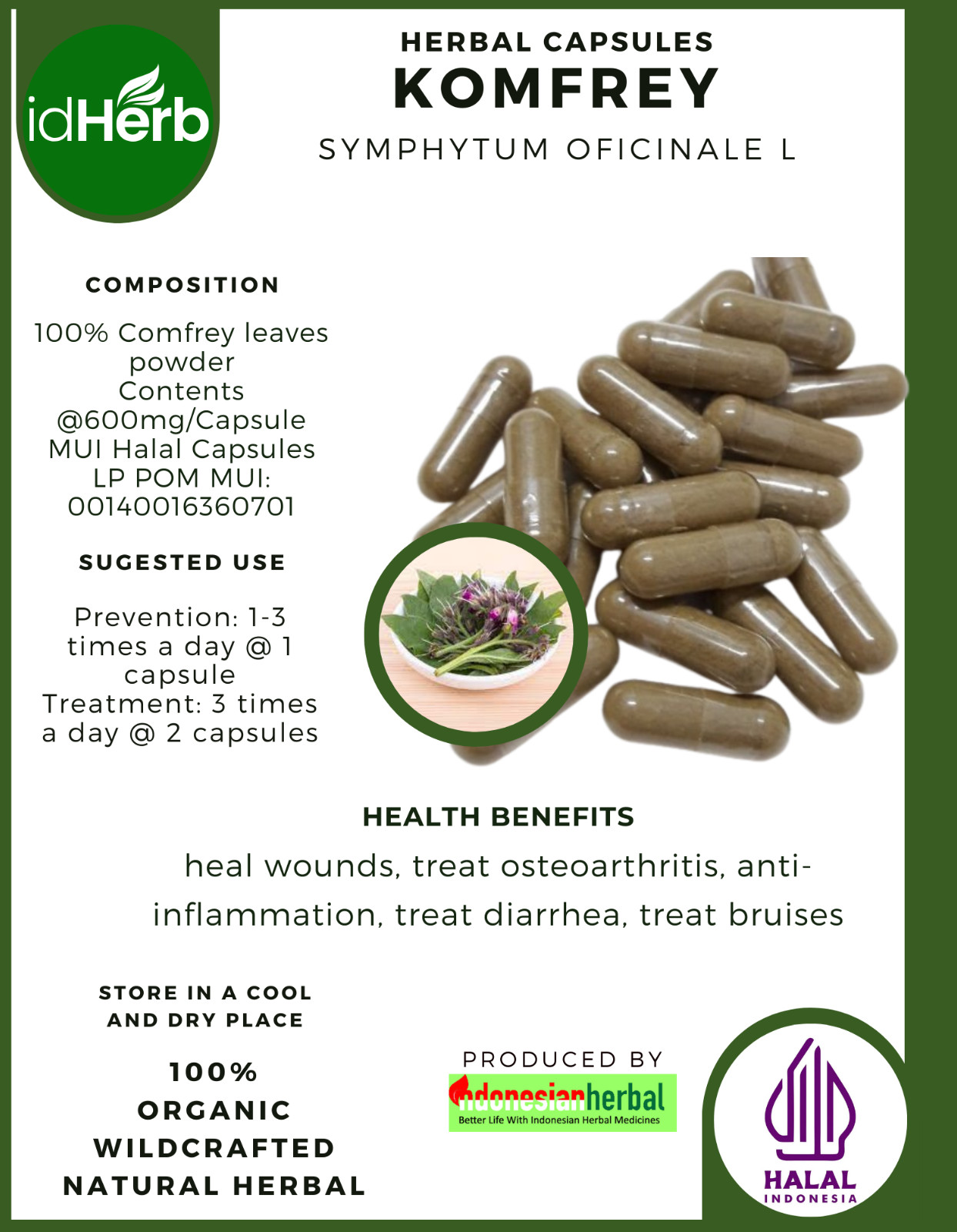 [idHerb] 100-800 Capsules Knitbone Comfrey Symphytum Officinale L WildCrafted