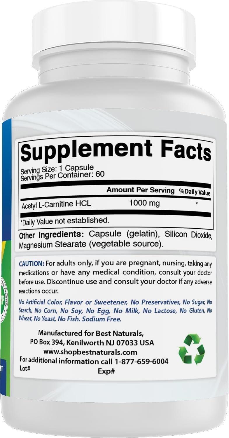 Gluten-Free Acetyl L-Carnitine 1000mg Capsules – 60 Count for Enhanced Vitality