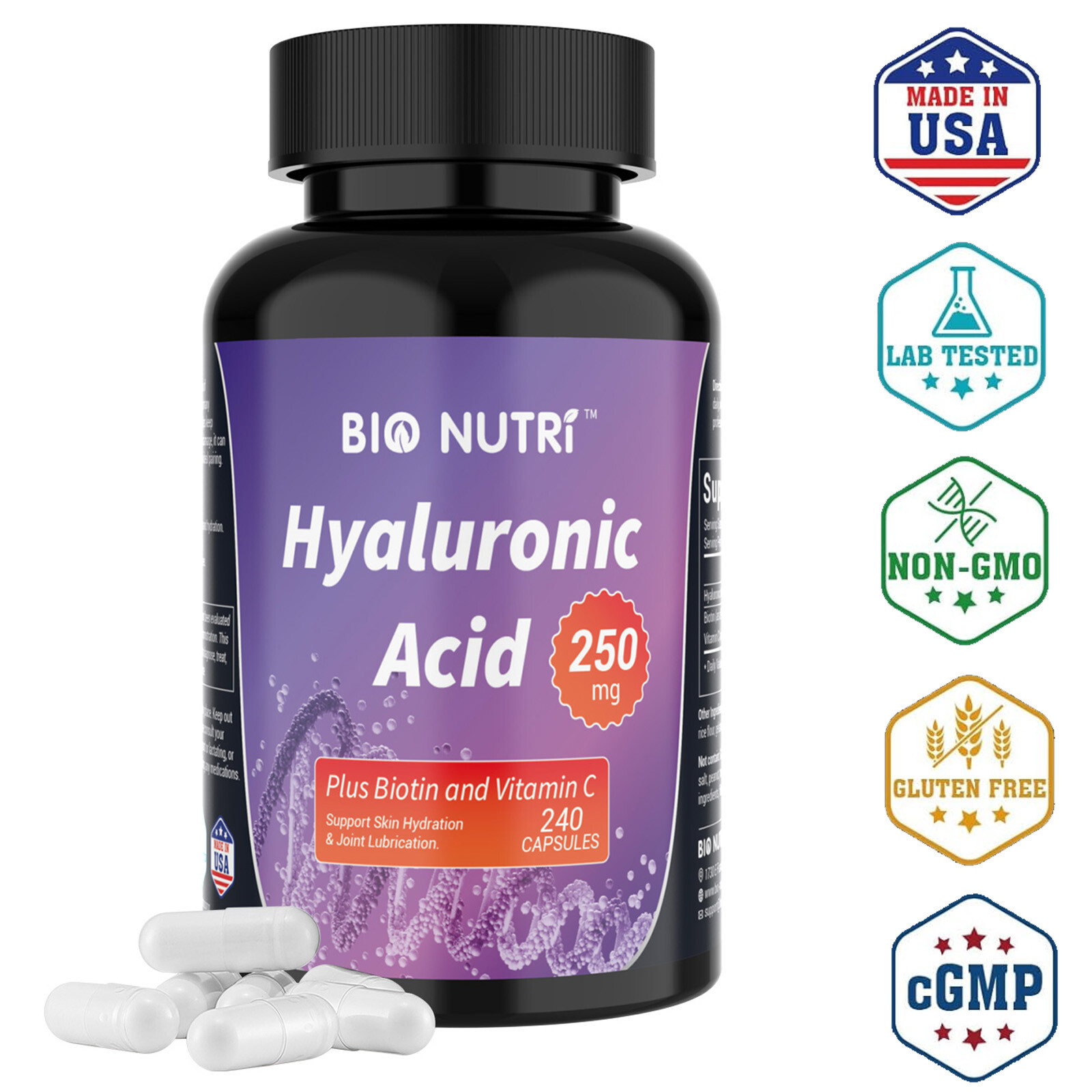Hyaluronic Acid Capsules + Vitamin C Biotin 250mg 240 Capsules Skin Hydration