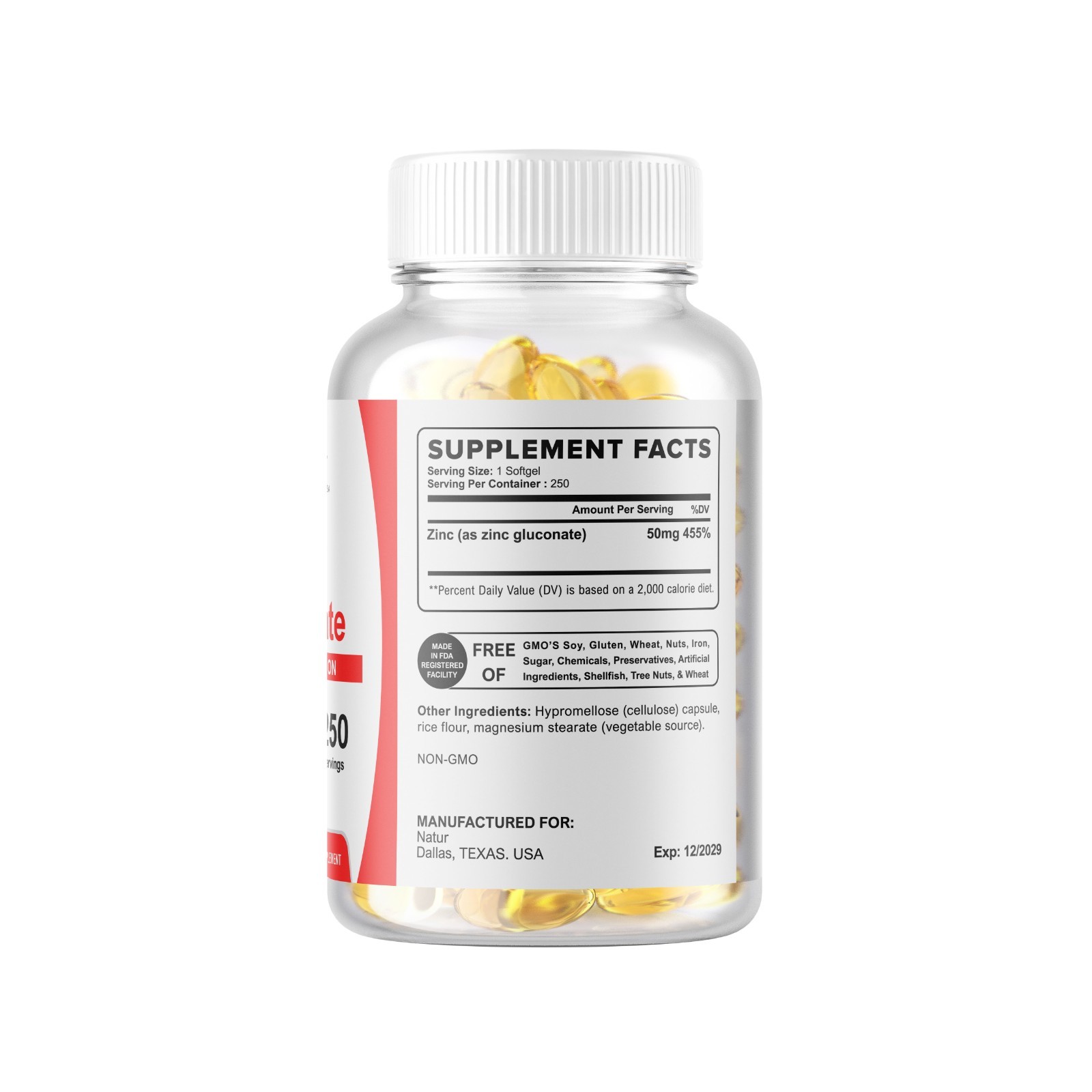 250 Zinc Gluconate Softgels (50mg) – Vegetarian Gluten Free Non-GMO USA MADE