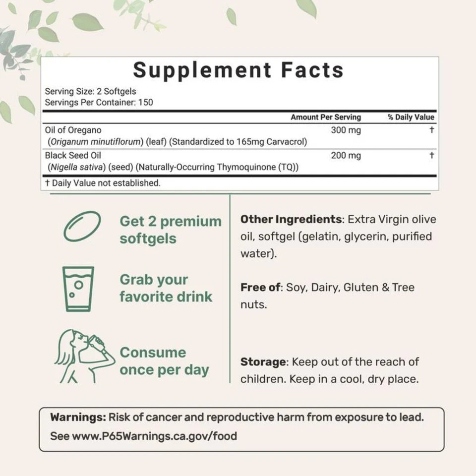 Oil of Oregano Softgels 6000mg with Black Seed Oil, High Carvacrol 300 Count