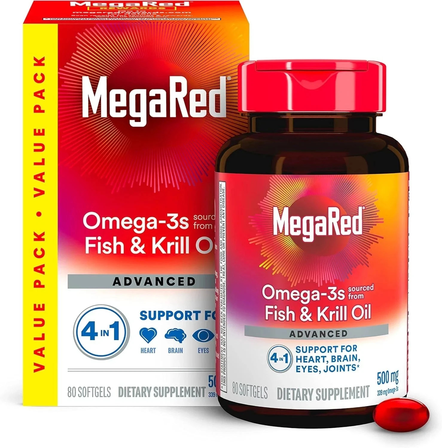 pack of 4 MegaRed Advanced Omega-3 500mg – 80 Softgels – Heart & Joint Support