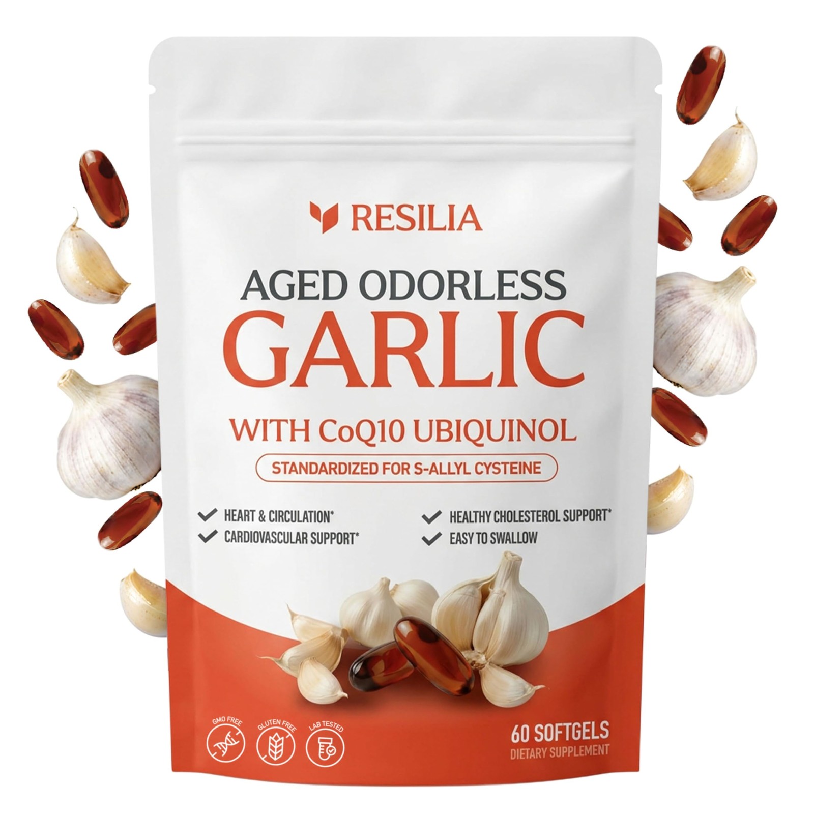 Resilia Garlic Extract 600mg Softgels (60 Count) – Odorless Aged Garlic Extract