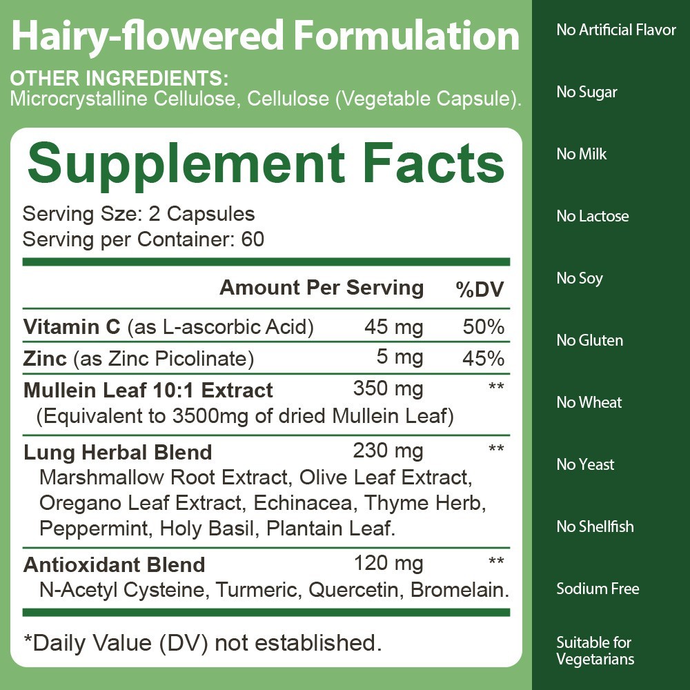 15-in-1 Mullein Leaf Capsules | 3500mg | 60/120 Count | Support Lung Cleanse