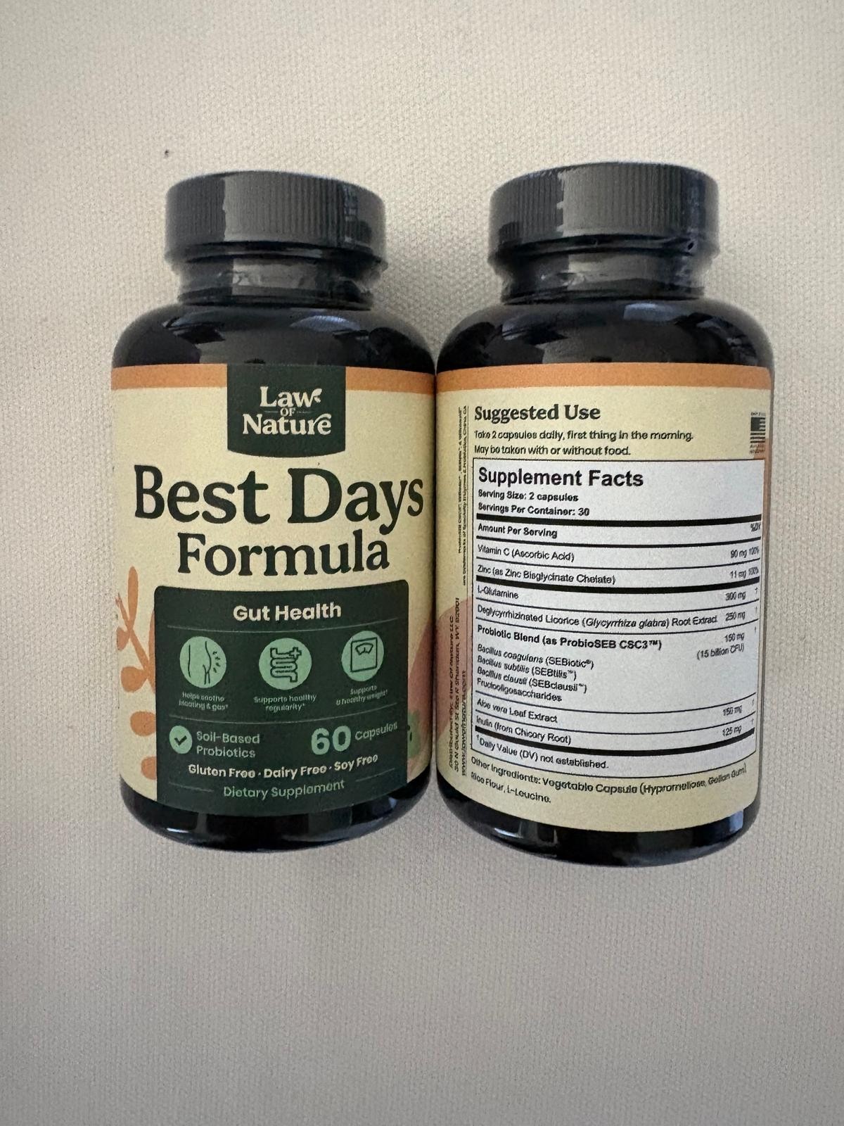 2 UNITS-LAW NATURE-BEST DAYS FORMULA-GUT HEALTH 60 CAPSULES-GLUTEN FREE !