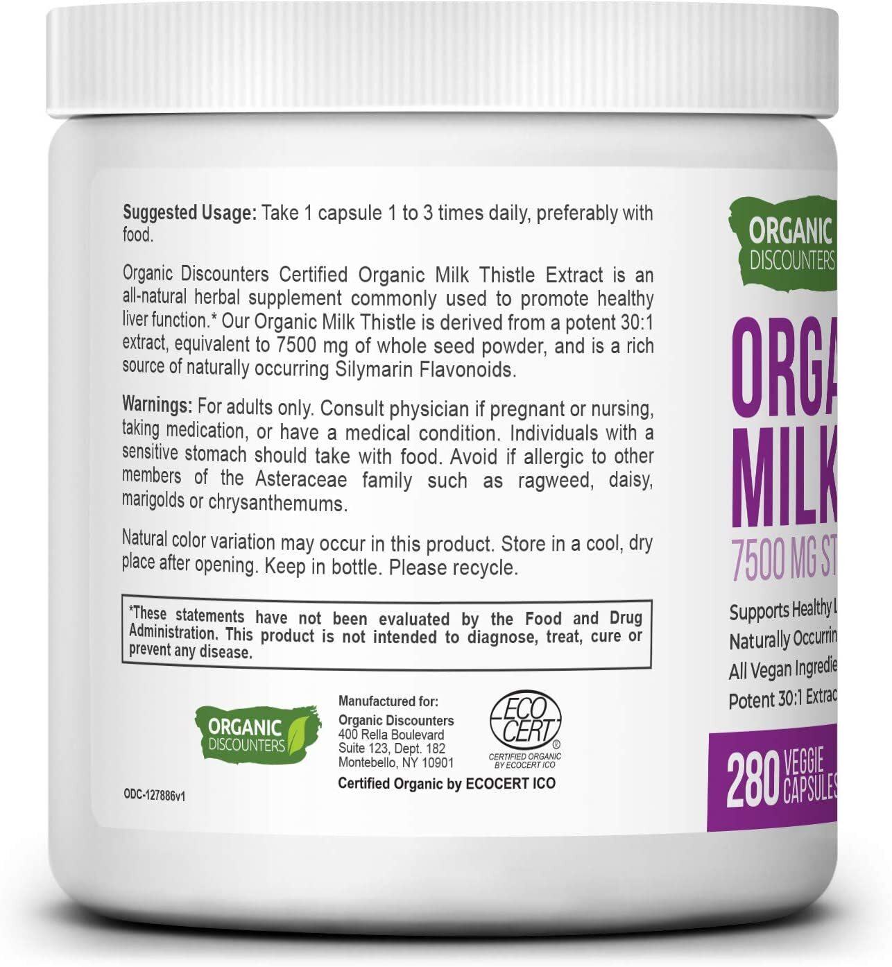 Organic Discounters USDA Organic Milk Thistle Extract Capsules, 280 Count, 7500