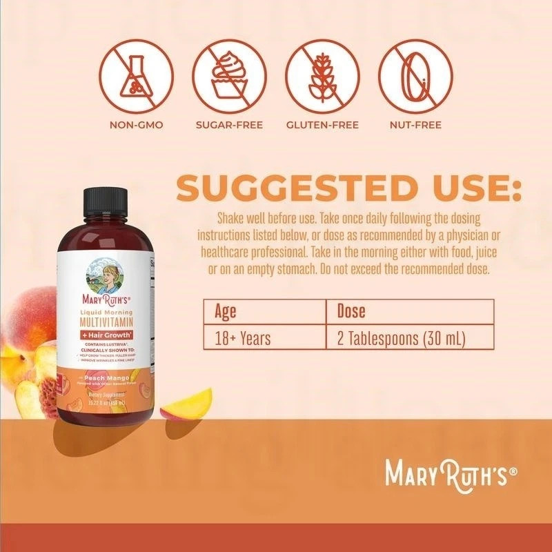 Mary Ruth’s Liquid Morning Multivitamin + Hair Growth – Peach Mango – 15 fl oz++