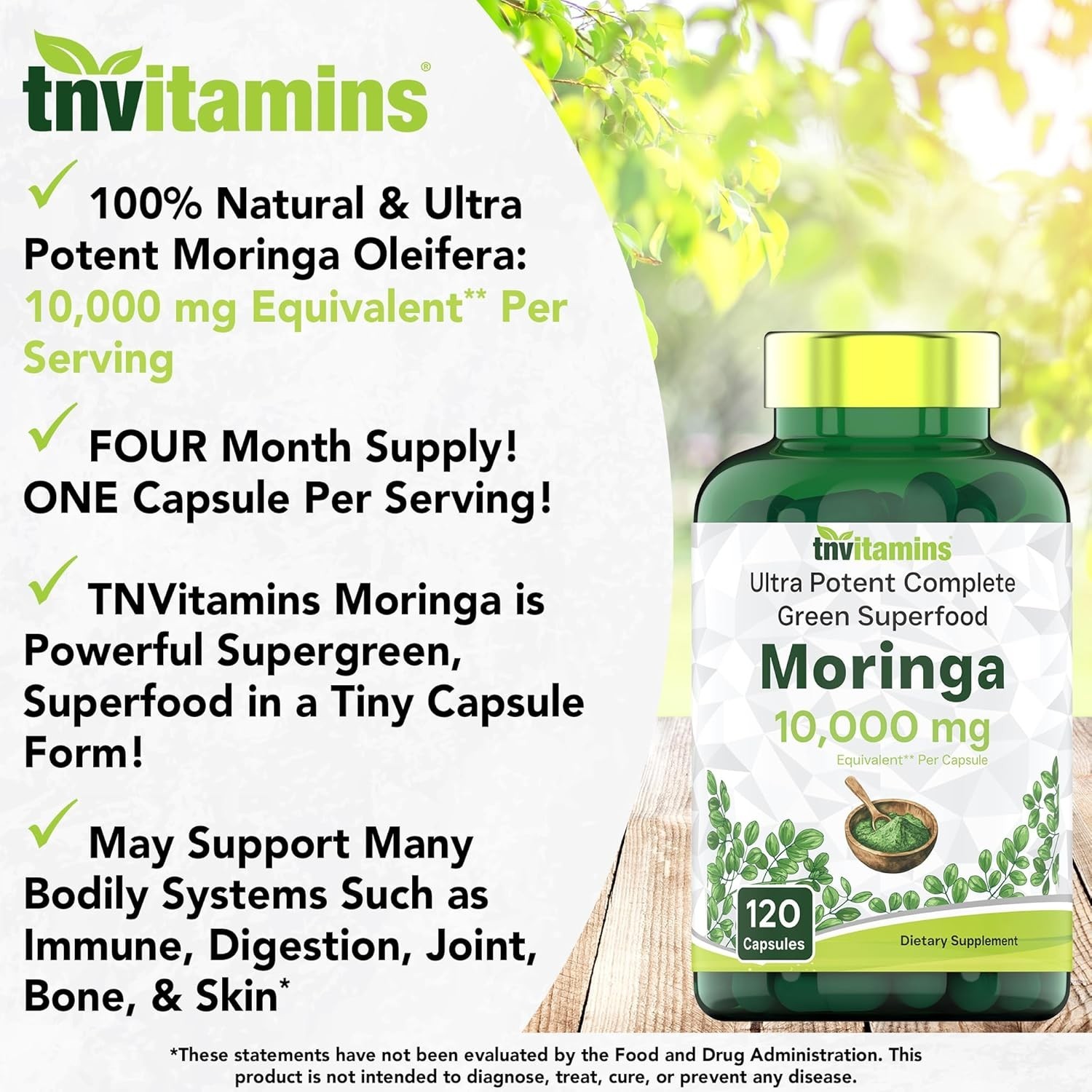 Moringa Capsules 10,000 mg – 120 Capsules | High Potency Moringa Leaf Extract Su