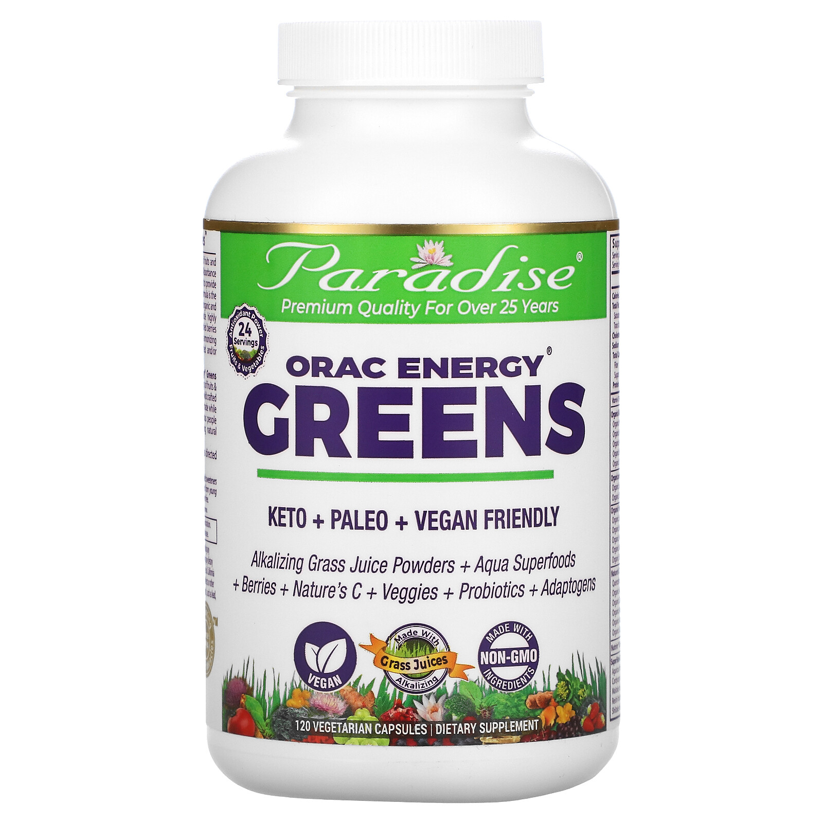Paradise Herbs ORAC-Energy Greens 120 Veggie Caps Gluten-Free, Vegan