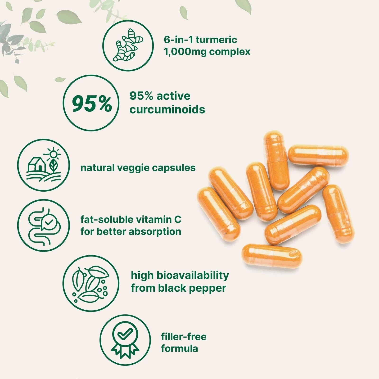 95% Turmeric Curcumin 1000mg Black Pepper MCT Oil Joint Support Vegan Capsules